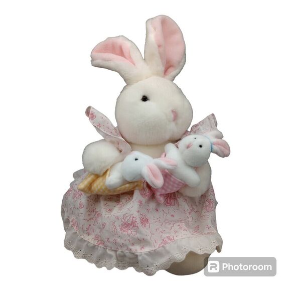Commonwealth 1988 Vtg White Plush Bunny Rabbit Dress & Baby Bunnies 18" Easter - Picture 1 of 8